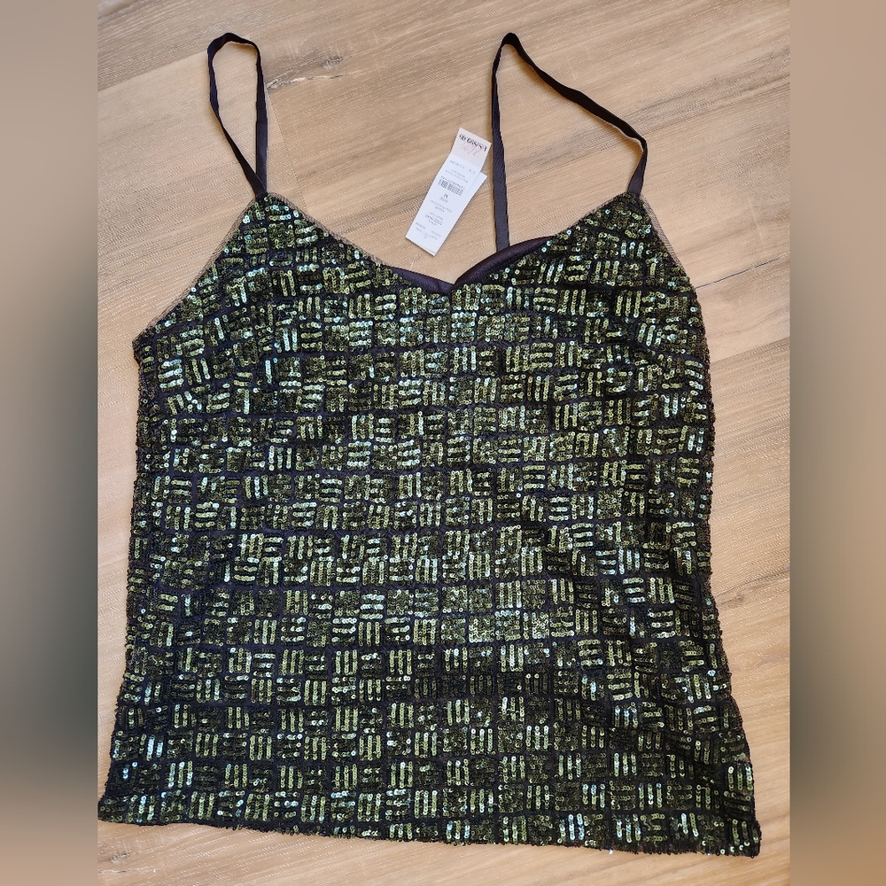 White House Black Market green & black plaid sequined, adjustable strap top